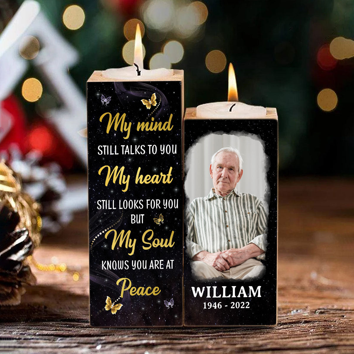 My Mind Still Talks To You Photo Inserted Glow Butterflies Memorial Sympathy Remembrance Keepsake Personalized Candle Holder