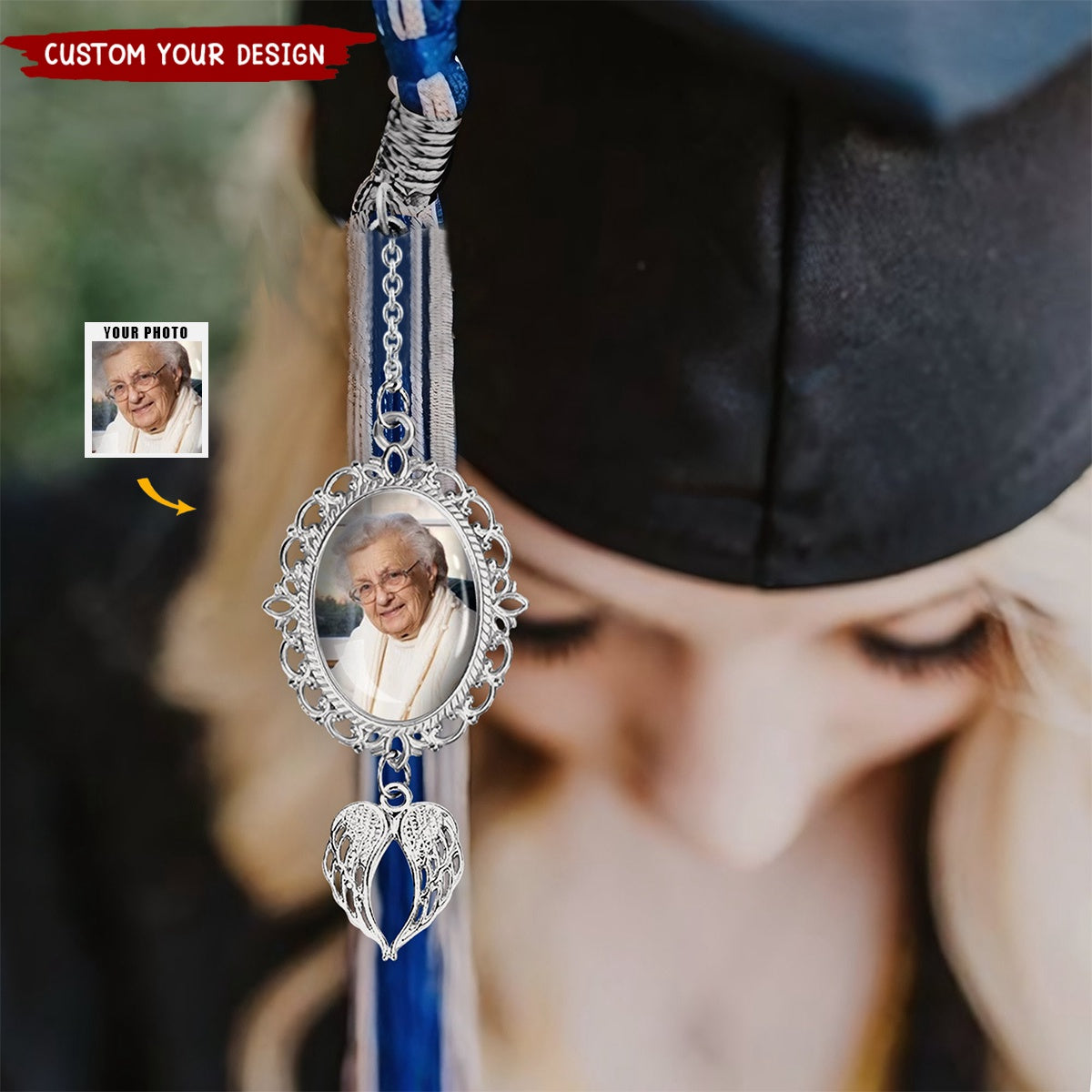 Personalized Graduation Tassel Photo Charm With Angel Wings, Graduation Gift