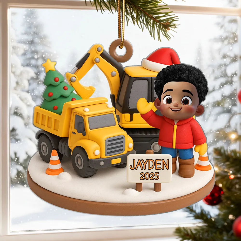 Cute Little Kid With Construction Struck - Personalized Acrylic Ornament - Christmas Gift for Kid, Grandkids