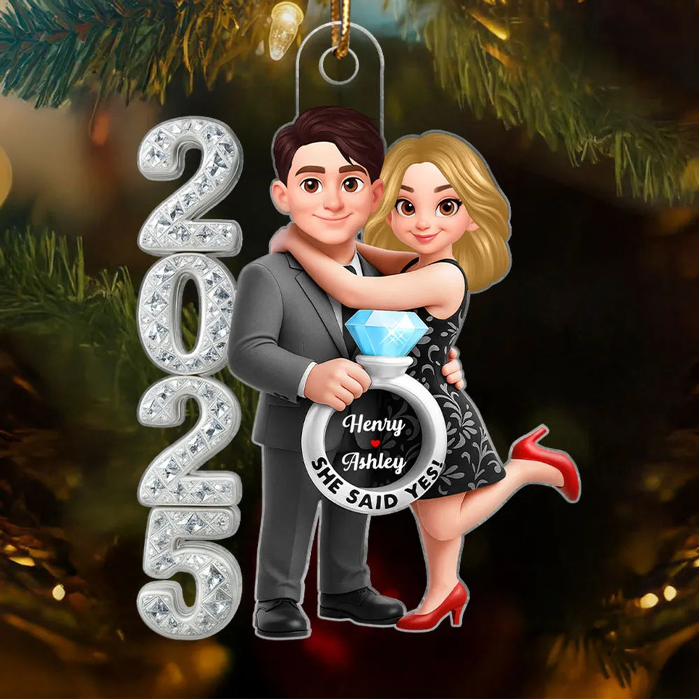 3D Crystal Effect Marriage Proposal Couple - Personalized Acrylic Ornament - Newly Engaged Gift, "She Said Yes!" Ornament