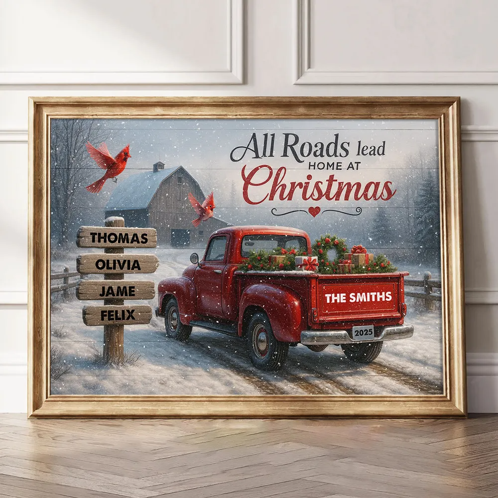All Roads Lead Home at Christmas - Personalized Poster - Family Christmas Sign with Names, Christmas Home Decor