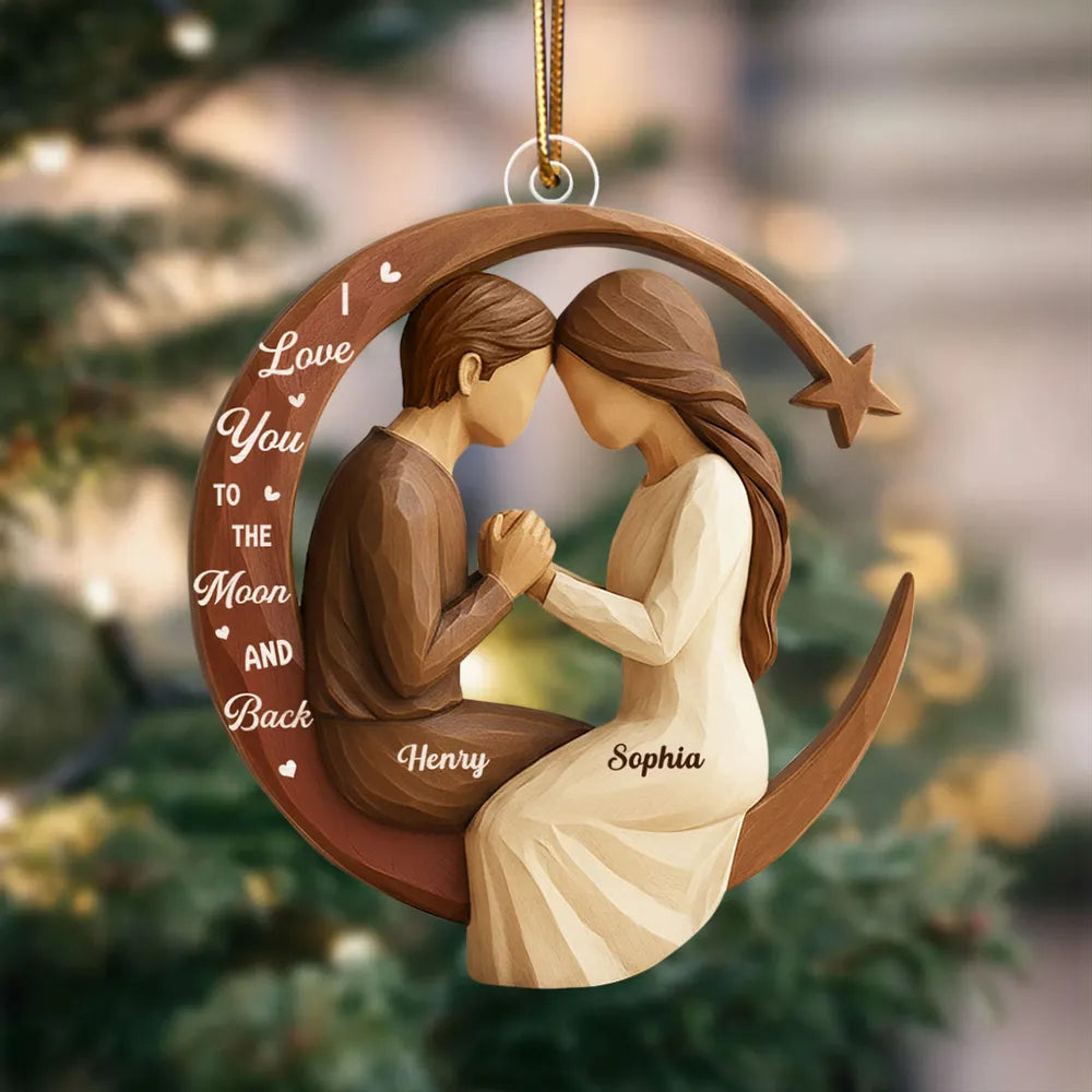 Couple Love to the Moon and Back 3D Wooden Effect - Personalized Acrylic Ornament - Christmas Gift for Couples