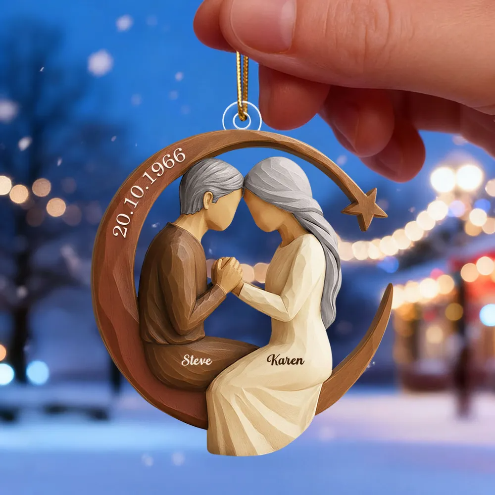 Couple I Love to the Moon and Back 3D Wooden Effect - Personalized Acrylic Ornament - Christmas Gift for Couples