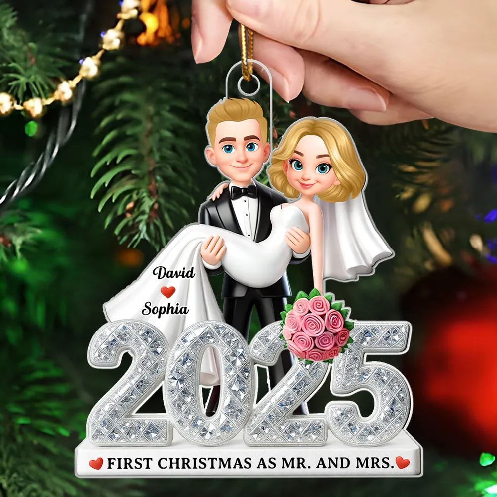 First Christmas Married 2025 3D Shining Effect - Personalized Acrylic Ornament - Christmas Gift for Newly Married Couple