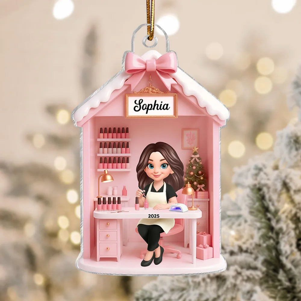 3D Effect Christmas Nail Technician In Salon - Personalized Acrylic Ornament - Gift For Nail Technician, Nails Decor, Beauty Salon, Woman, Girl