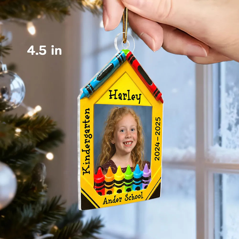 3D Effect Crayon Frame Custom Photo - Personalized Acrylic Ornament - PreK Kindergarten School Milestone Gift