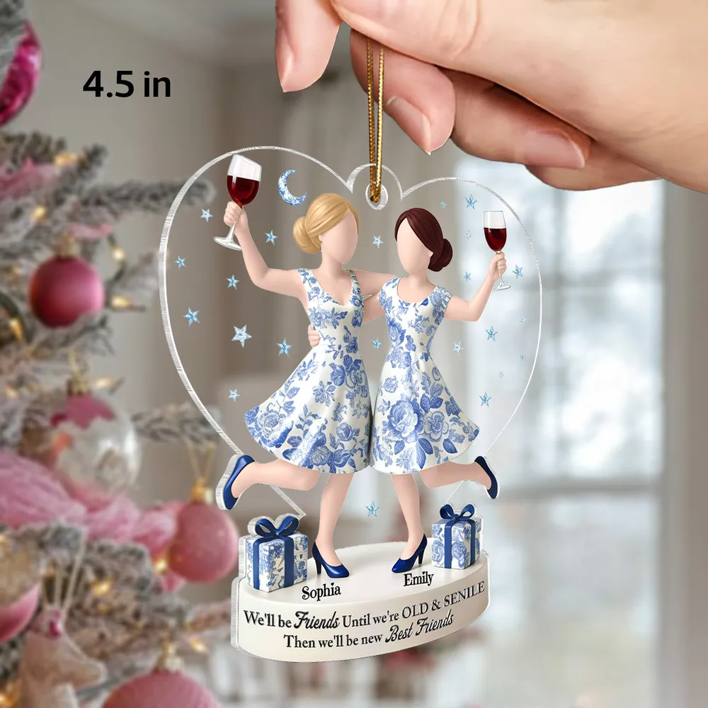 3D Effect Toile De Jouy Pattern We'll Friends Until Old & Senile - Personalized Acrylic Ornament - Gift For Besties, Best Friends