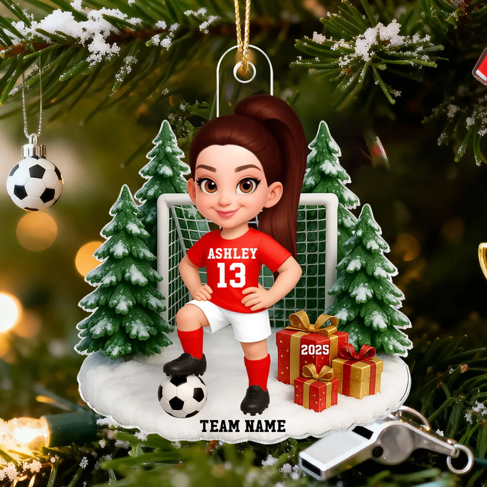 3D Effect Christmas Soccer Player - Personalized Acrylic Ornament - Gift For Soccer Players, School Soccer Team