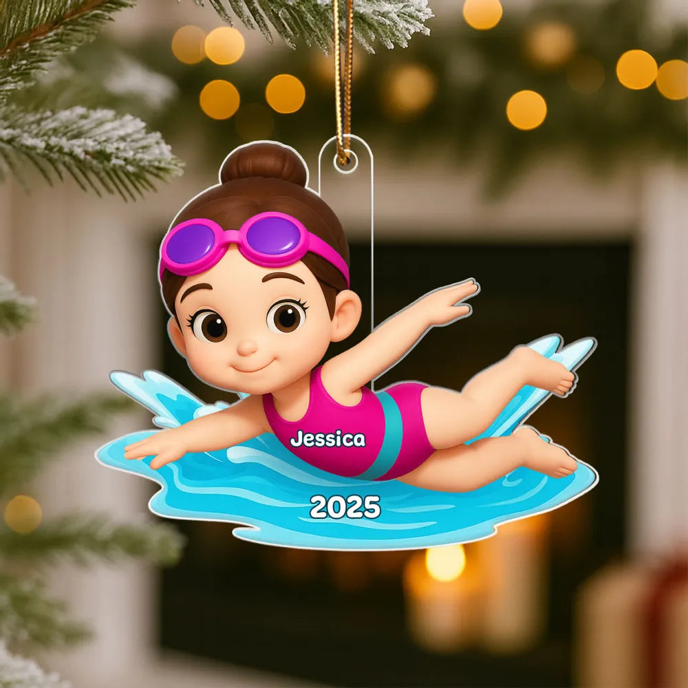 Swimming Boy Girl 3D Effect - Personalized Acrylic Ornament - Christmas Gift for Son Daughter Grandson Granddaughter