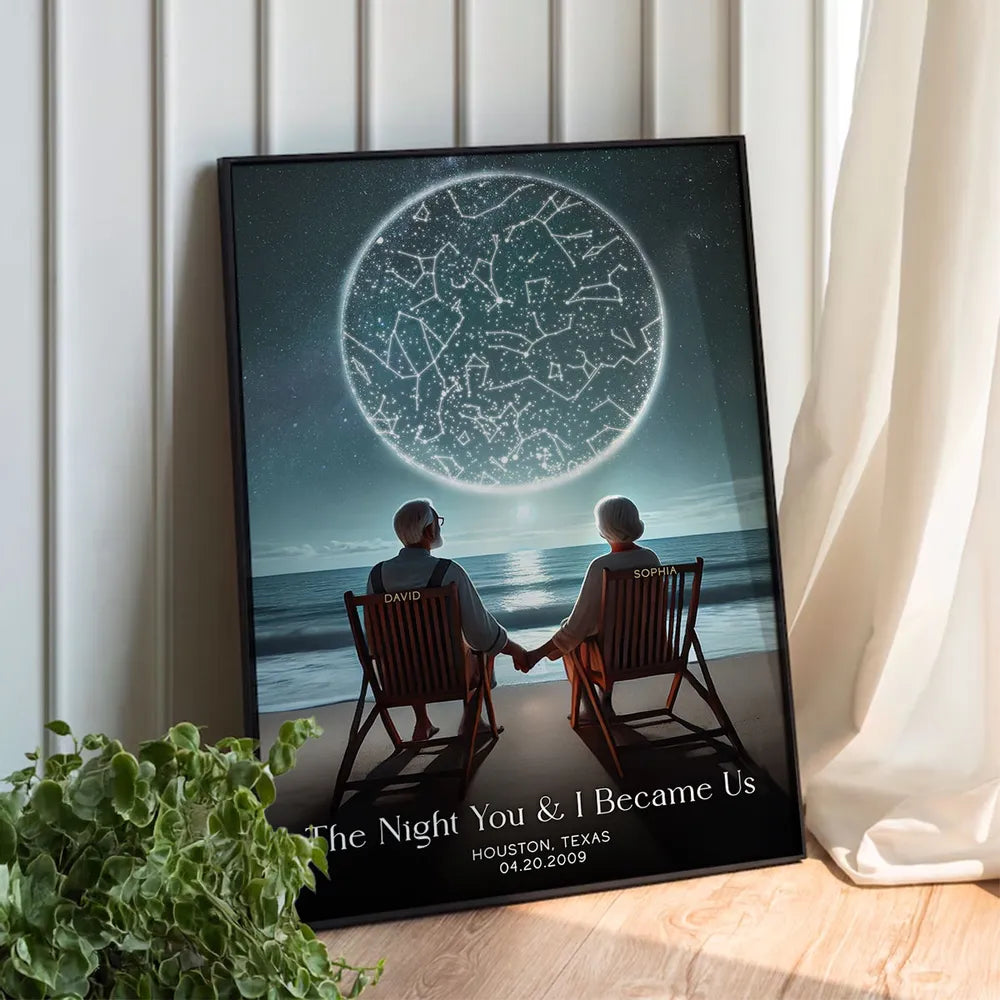 Custom Star Map Personalized Poster, Romantic Old Couple Sitting on the Beach