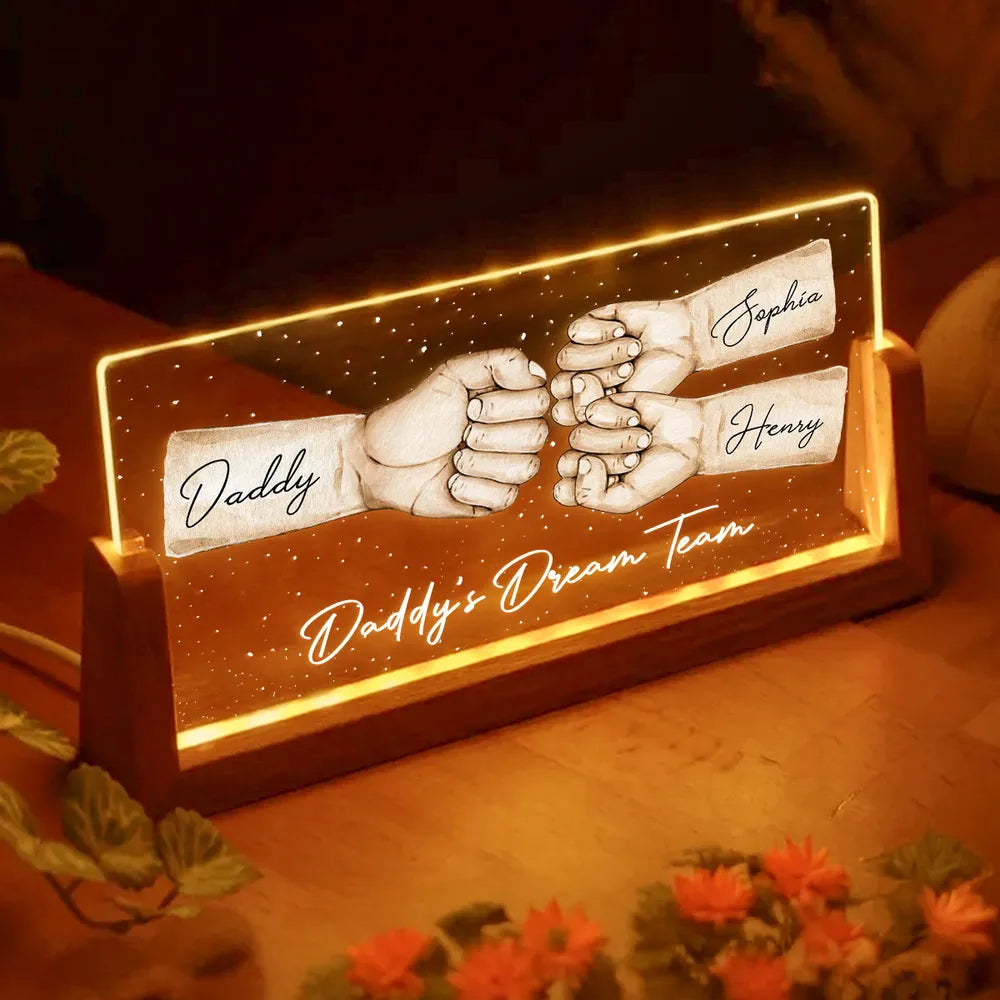 Daddy's Team Fist Bump Personalized U-Base Acrylic LED Night Light, Gift For Dad, Grandpa, Husband