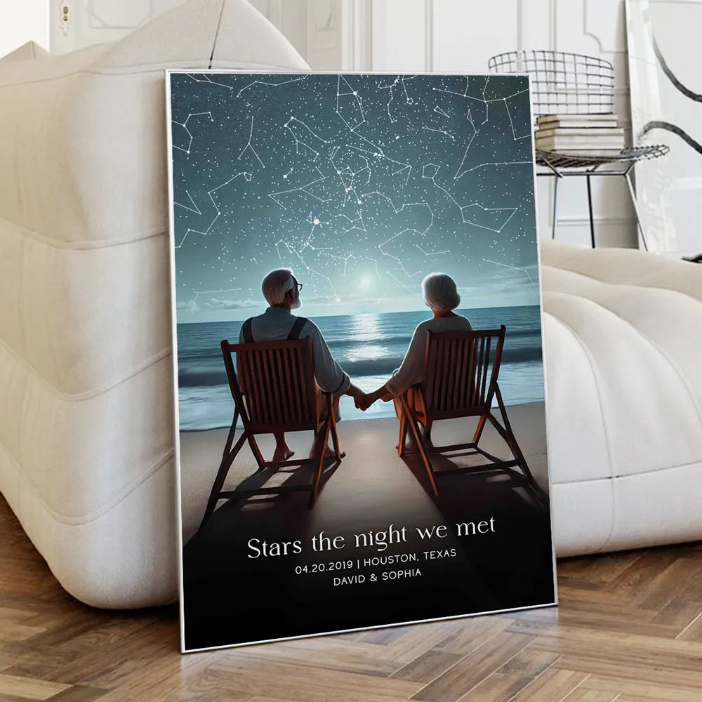 Romantic Beach Landscape Old Couple Sitting Under the Starry Night Poster, Custom Star Map by Date, Personalized Couple Constellation Map, Gift for him and her