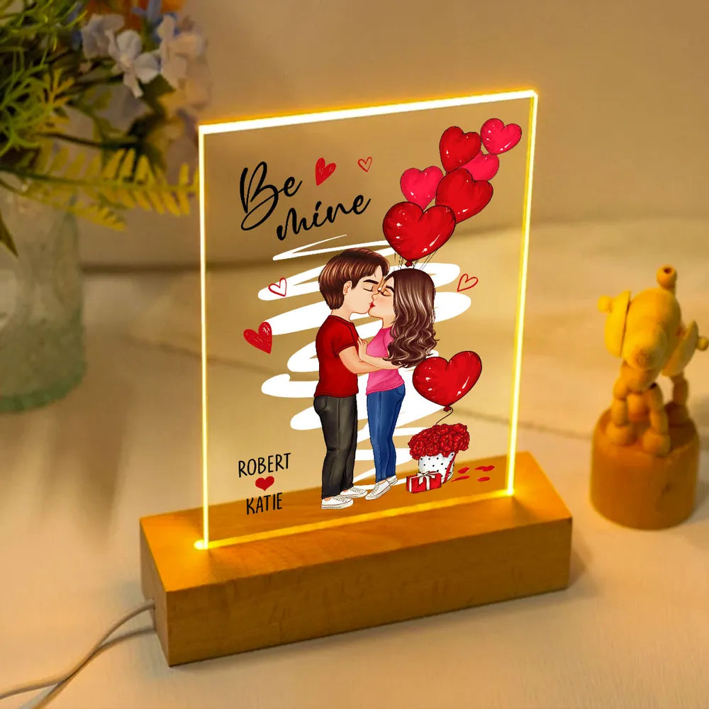 Be Mine Doll Couple Standing Kissing Personalized Plaque LED Night Light - Valentine's Day Gift for Him, Gift for Her