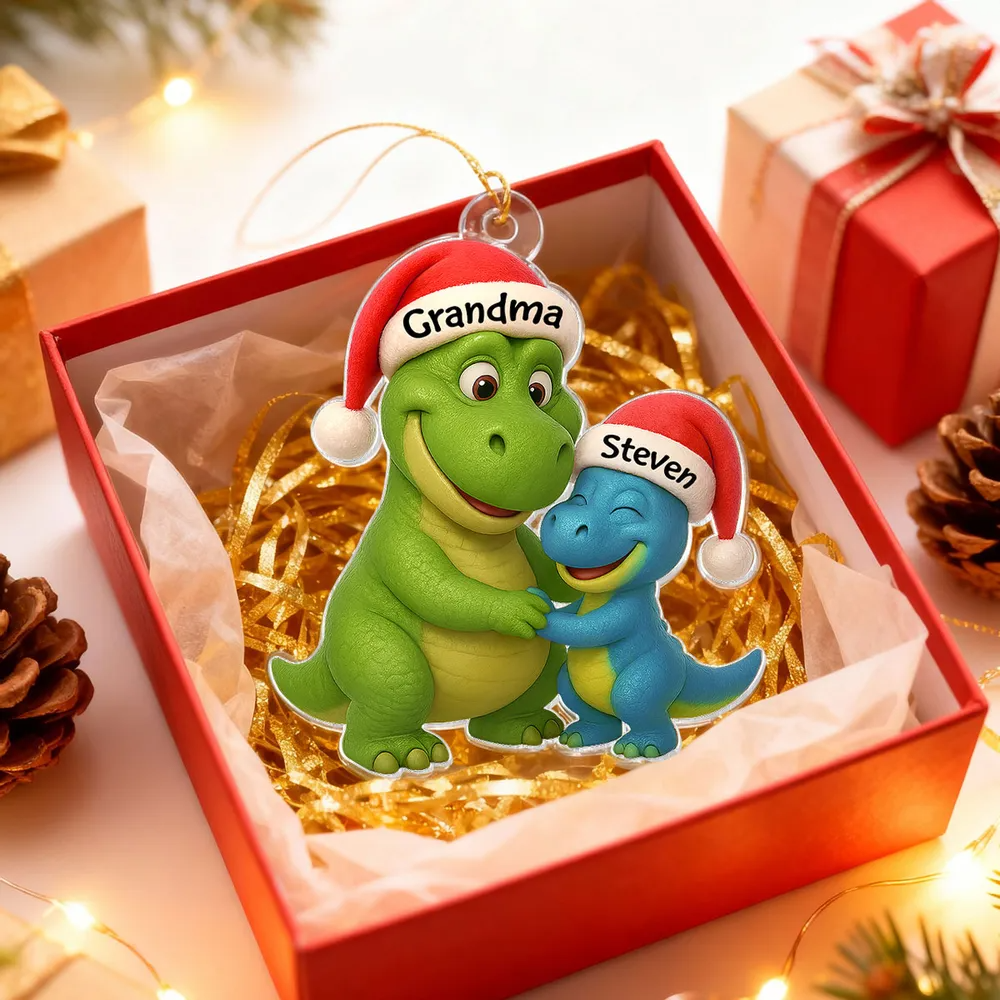 3D Effect Heartwarming Grandmasaurus Hugging Dinosaur Grandkid - Personalized Acrylic Ornament - Fun & Unique Gift For Grandkids