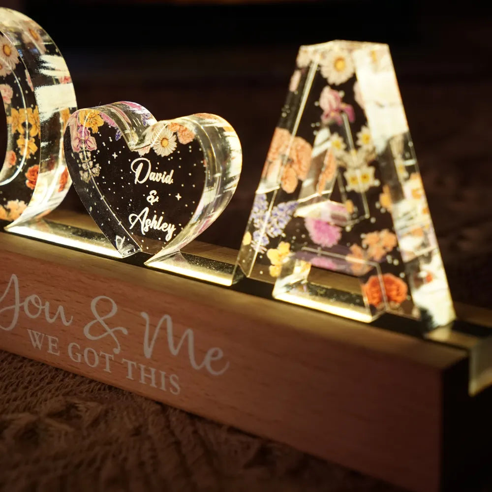 Couple Initials Floral Theme Anniversary Gift Personalized Acrylic Block LED Night Light
