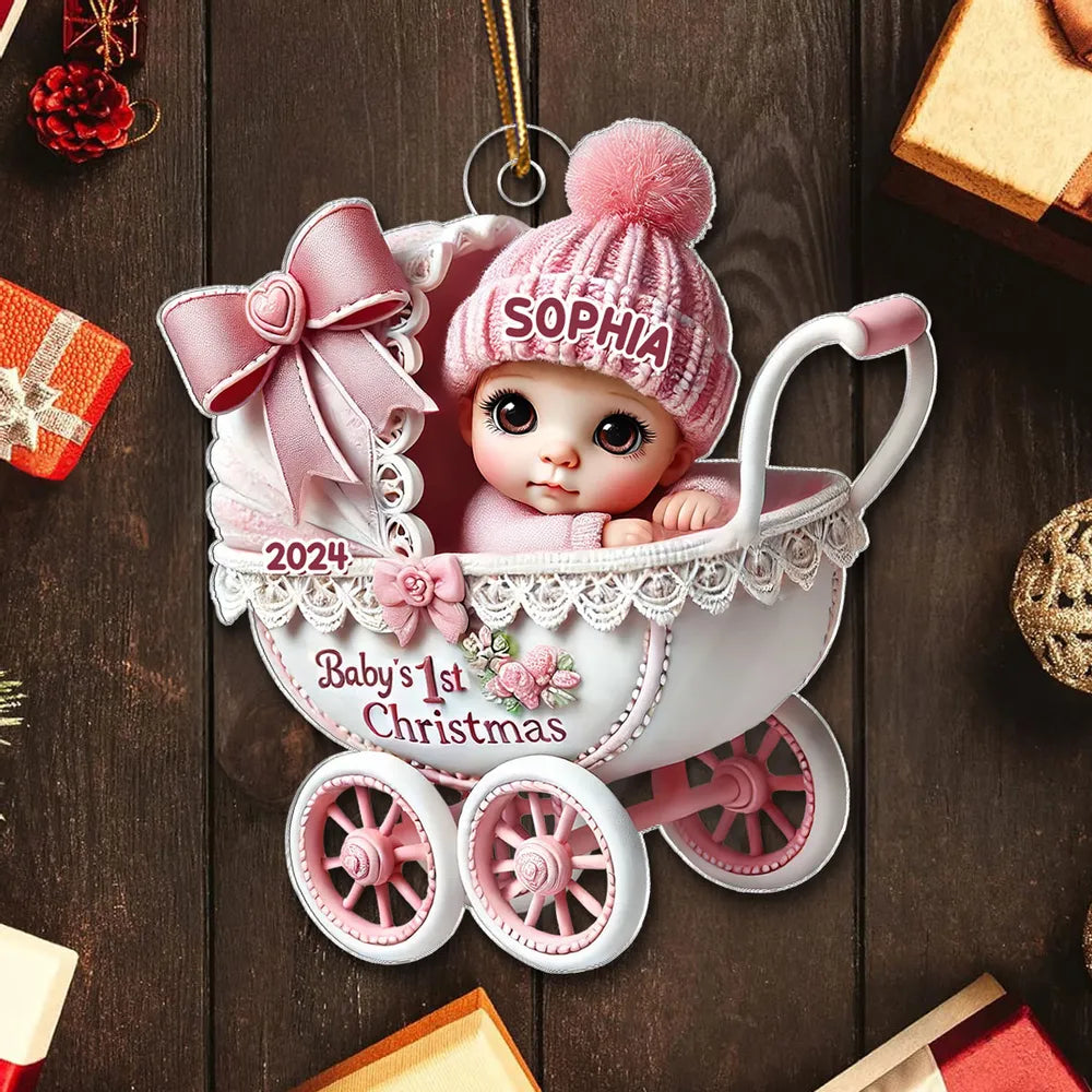 3D Effect Newborn Baby In Carriage Christmas Personalized Acrylic Ornament, Christmas Gift For Newborns, New Parents