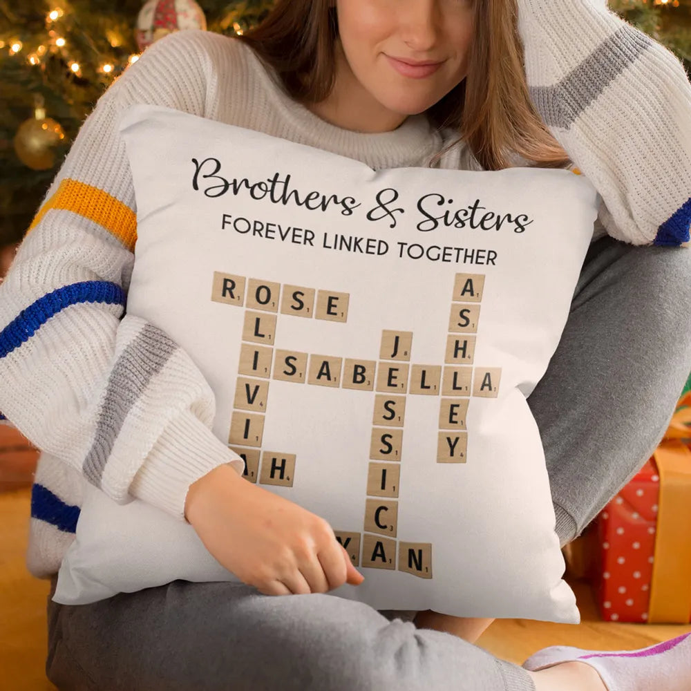 Brothers & Sisters Forever Linked Together Crossword Puzzle Art Personalized Pillow, Gift For Brothers, Sisters, Siblings, Family