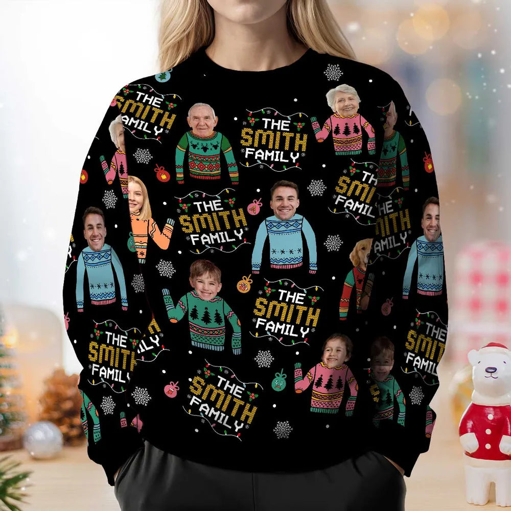 Family Photo Upload Funny Christmas Personalized Faux Knit Ugly Sweater