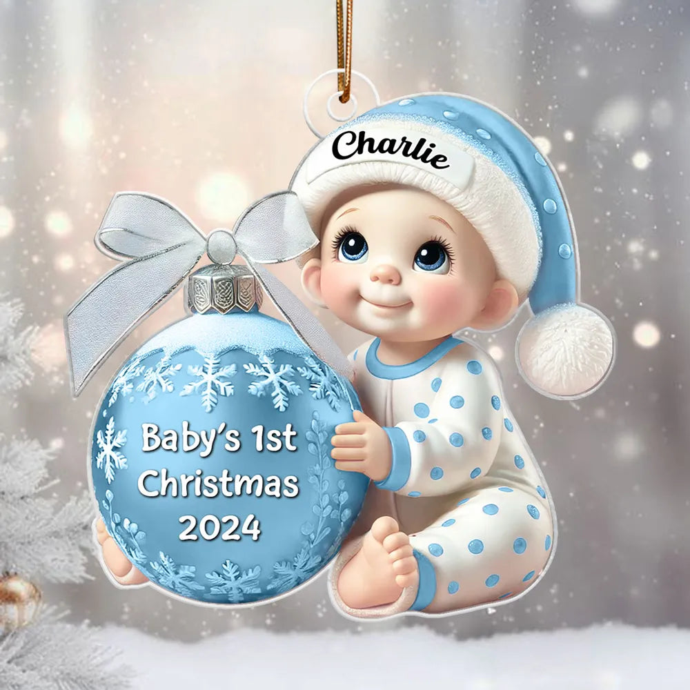 Baby Holding Christmas Bauble 3D Effect Baby's First Christmas Personalized Acrylic Flat Ornament