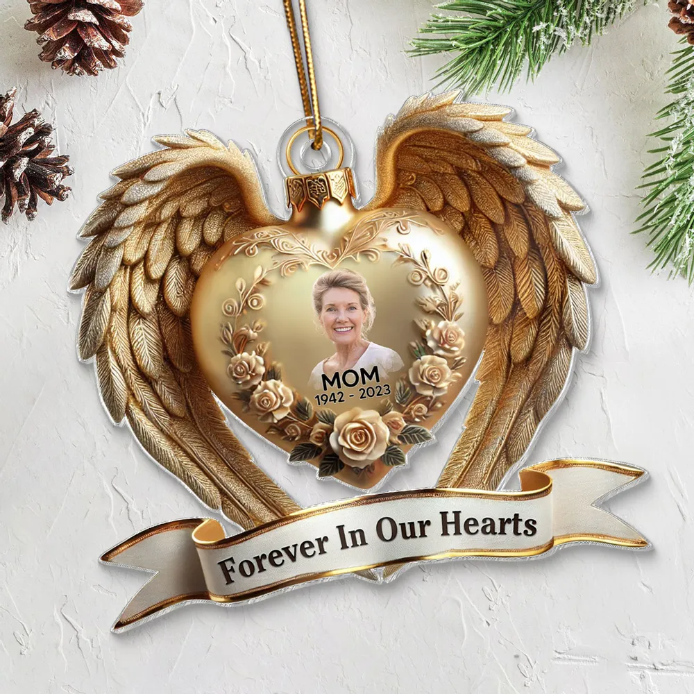 Forever In Our Hearts Angel Wings Photo Upload Memorial 3D Effect Personalized Acrylic Flat Ornament