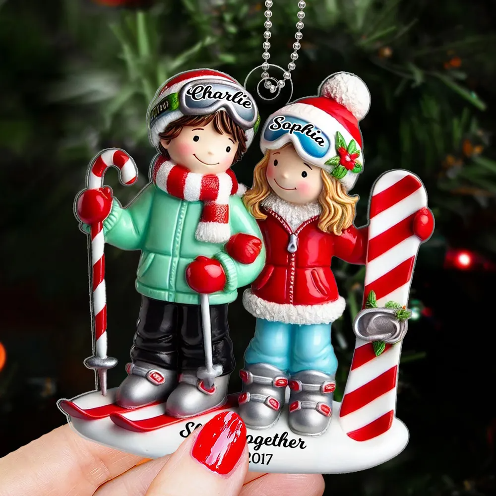 Personalized Ski Couple Christmas Acrylic Flat Ornament, Ski Resort Vacation, Adventurer, Winter Sports, Skiing Custom Xmas Gift