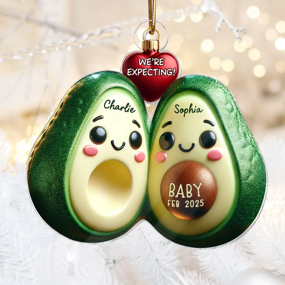 Avocado Couple Expecting Parents Pregnancy Announcement 3D Effect Keepsake Personalized Acrylic Ornament