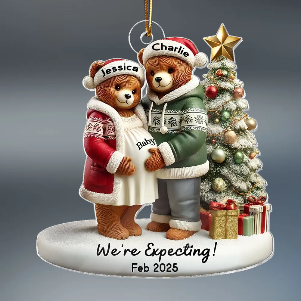 3D Effect Bear Couple Family Expecting New Baby Pregnancy Announcement Keepsake Personalized Acrylic Ornament