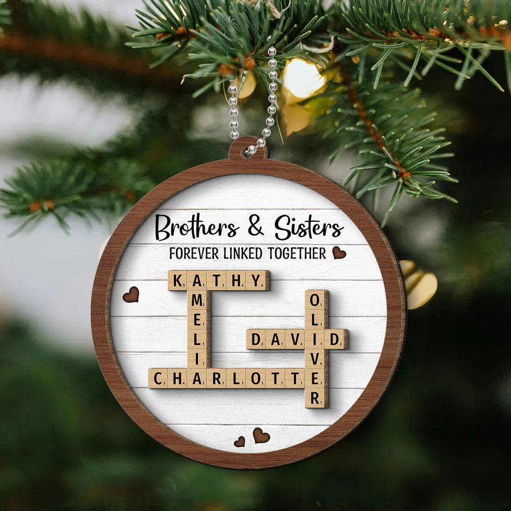 Brothers & Sisters Forever Linked Together Crossword Puzzle Art Personalized Wooden Ornament, Gift For Brothers, Sisters, Siblings, Family