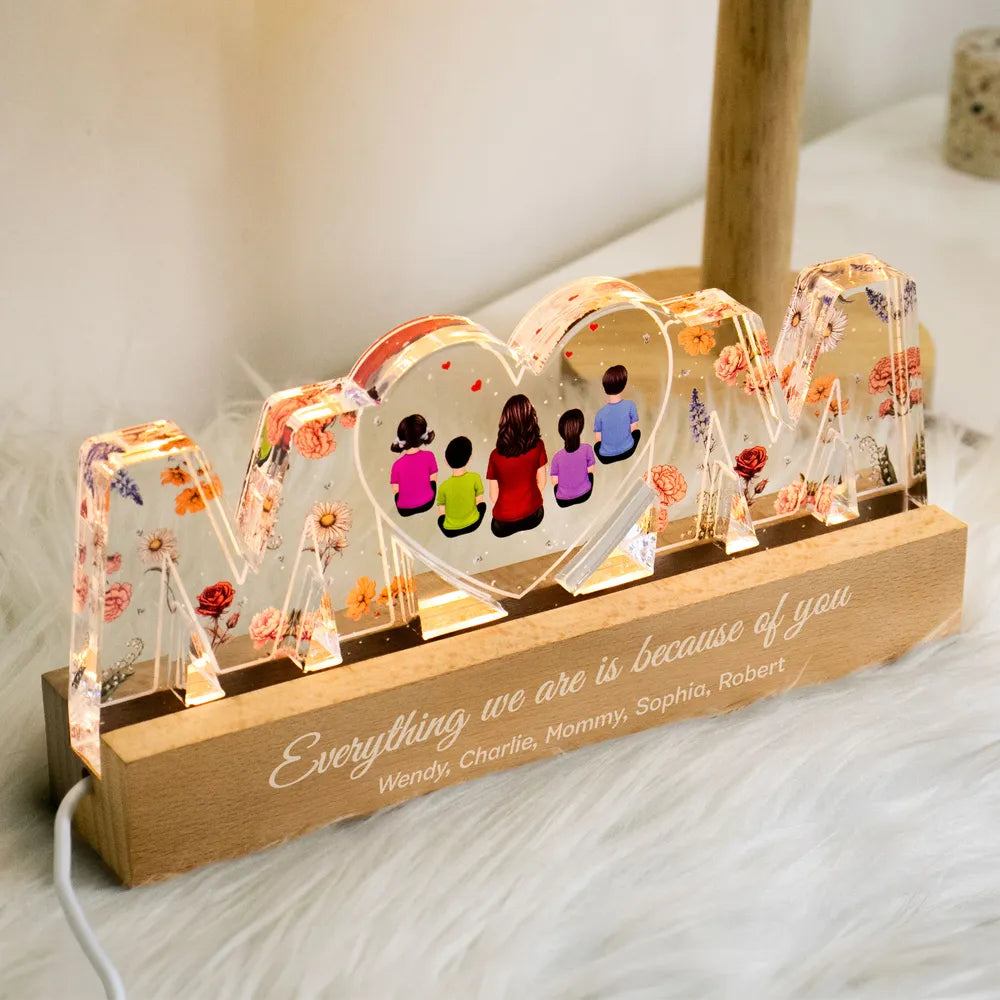 Mom Everything I Am Is Because Of You Personalized LED Night Light, Birth Month Flower, Gift for Mom, Gift for Wife, Gift for Grandma