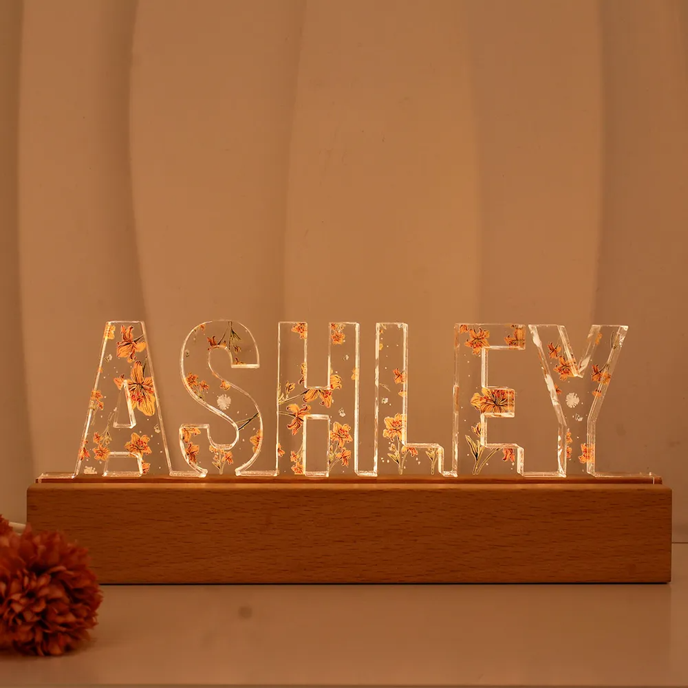 Custom Flower Printed LED Night Light, Birth Month Flower, Custom Name, Gift For Her