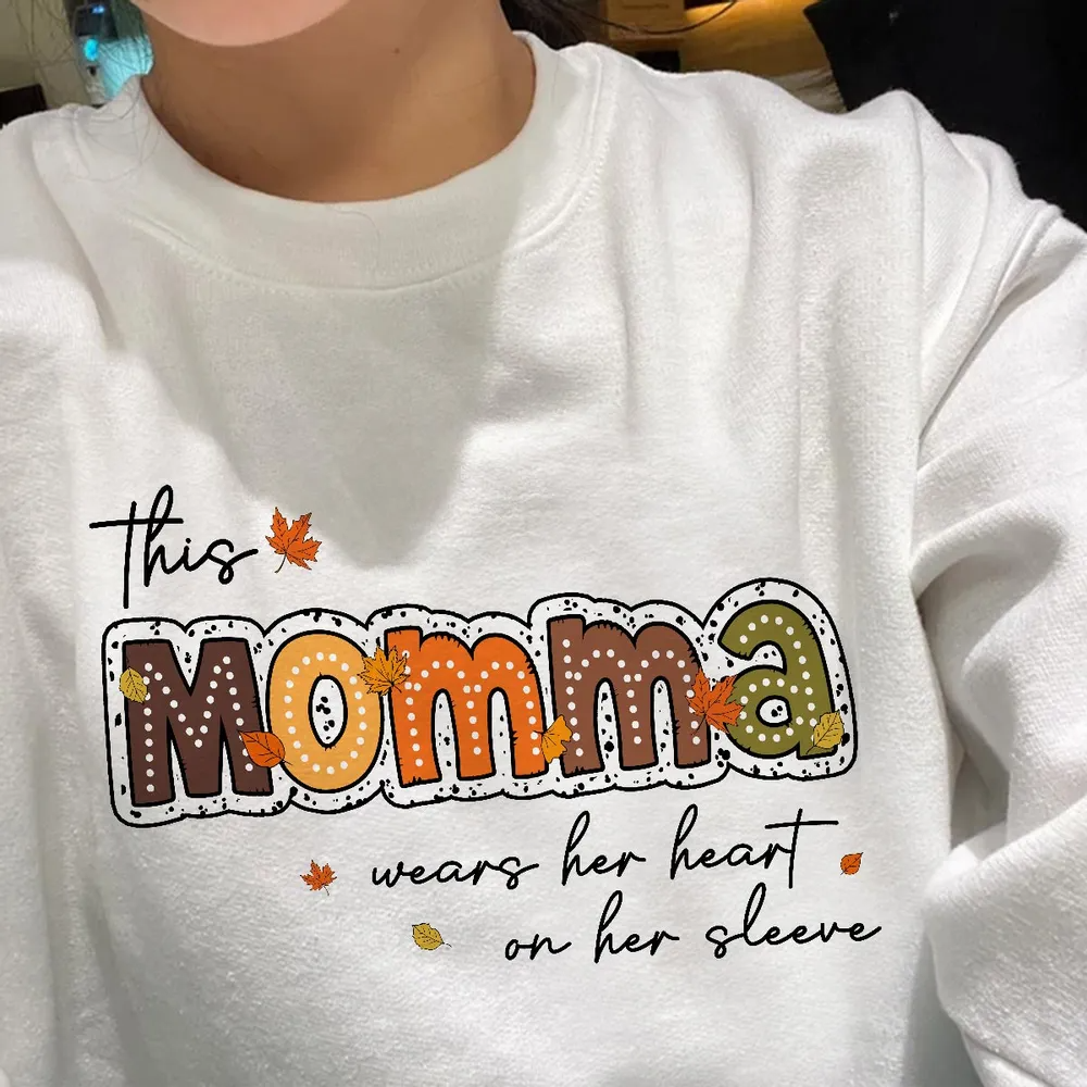 Fall Season This Grandma Wears Her Heart on Her Sleeve Personalized Sleeve Printed Sweatshirt