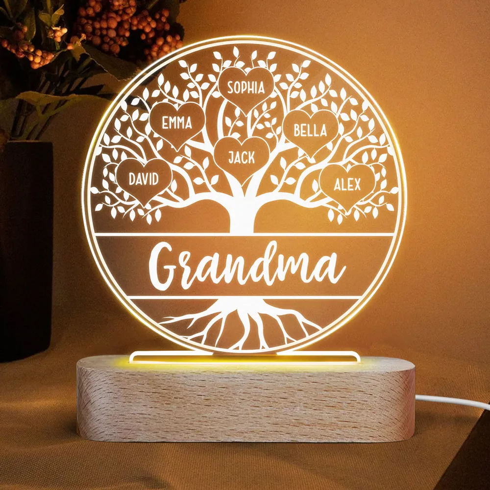 Grandma Family Tree Name Personalized Circle Acrylic Plaque With LED Night Light - Gift for Grandma, Nana, Mom