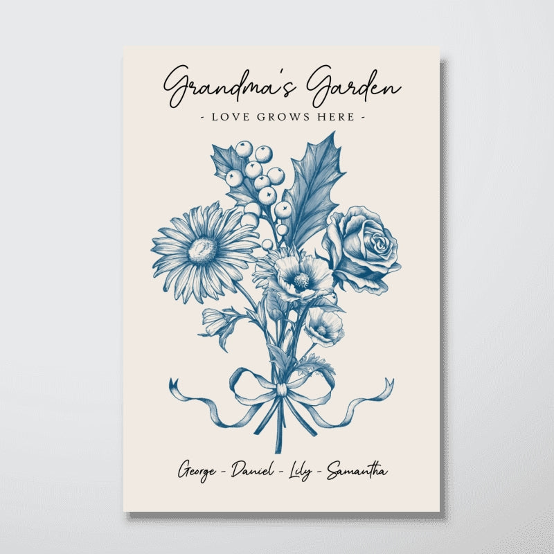 Vintage Floral Grandma Garden Birth Month Flowers Bouquet With Grandkids Names Personalized Poster