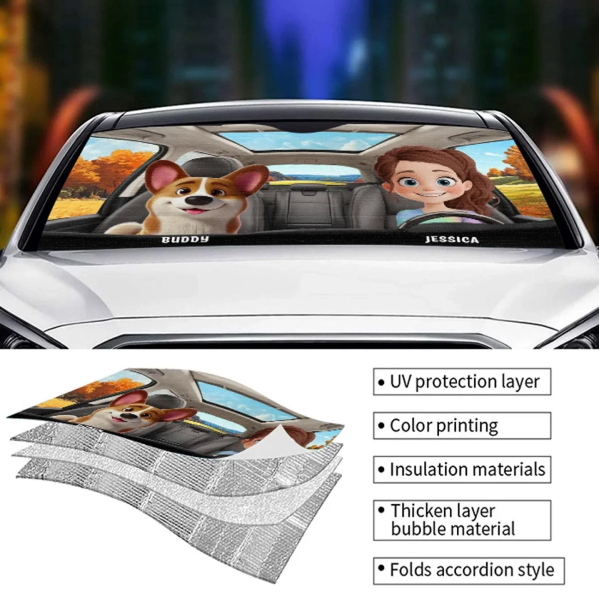 Pawsome Road Trips Ahead - Dog & Cat Personalized Custom Auto Windshield Sunshade, Car Window Protector - Gift For Pet Owners, Pet Lovers