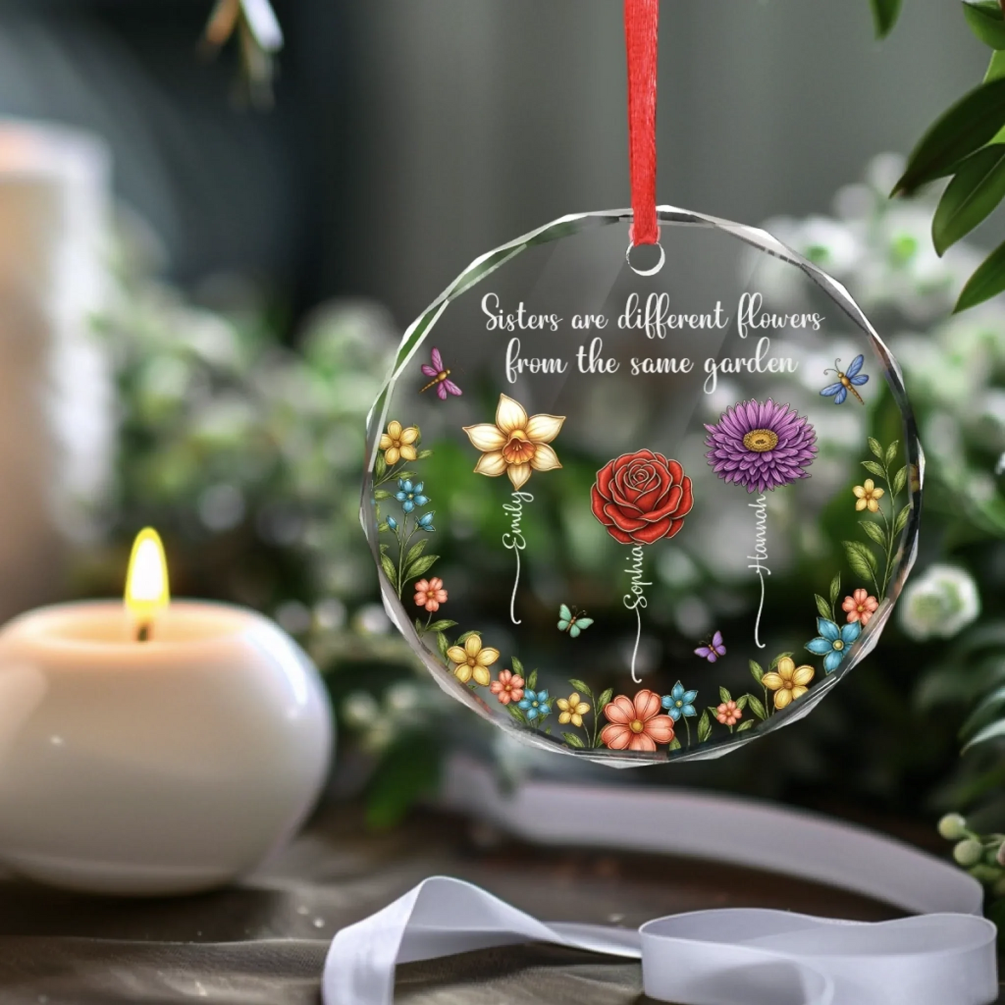 Custom Circle Ornament - Personalized Christmas Best Friend Birthday Gifts For Women, Besties, Sisters, BFF - Sisters Different Flowers Shared Garden