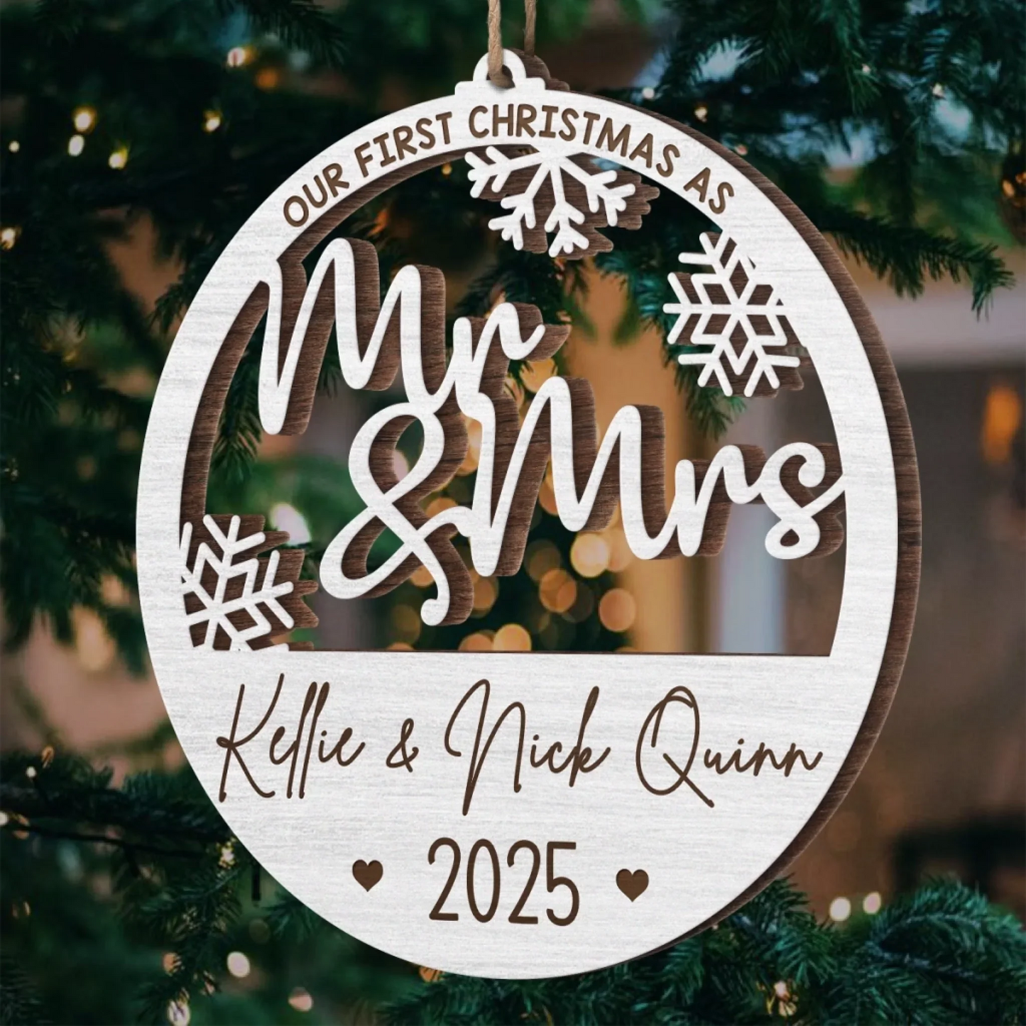 Custom Wood Ornament - Personalized Anniversary Christmas Wedding Gifts For Husband And Wife, Him And Her - Mr And Mrs Under The Tree