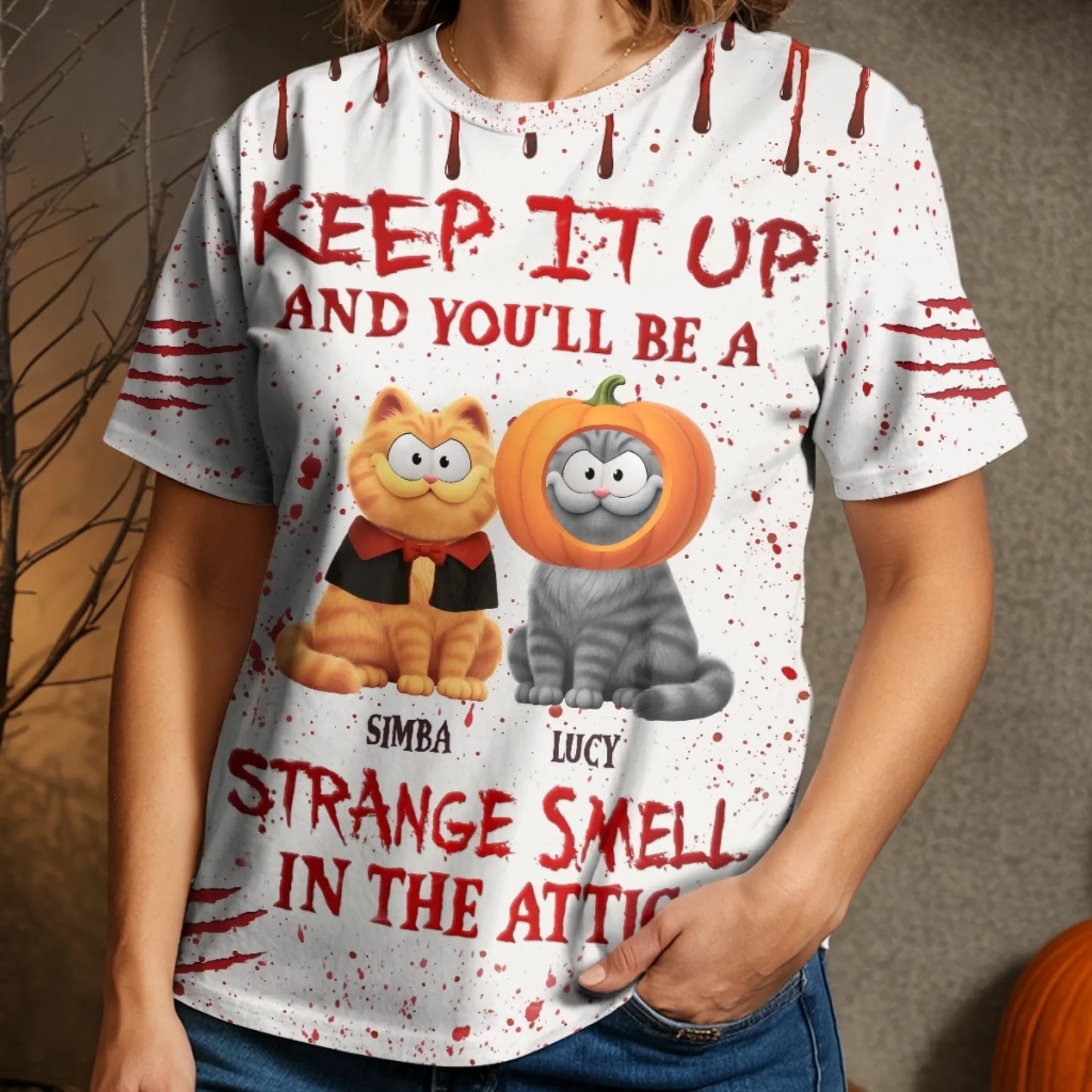 Custom Unisex T-shirt - Personalized Halloween Birthday Gifts For Cat Lovers, Cat Mom And Dad - Blood Stains, Fur Stains