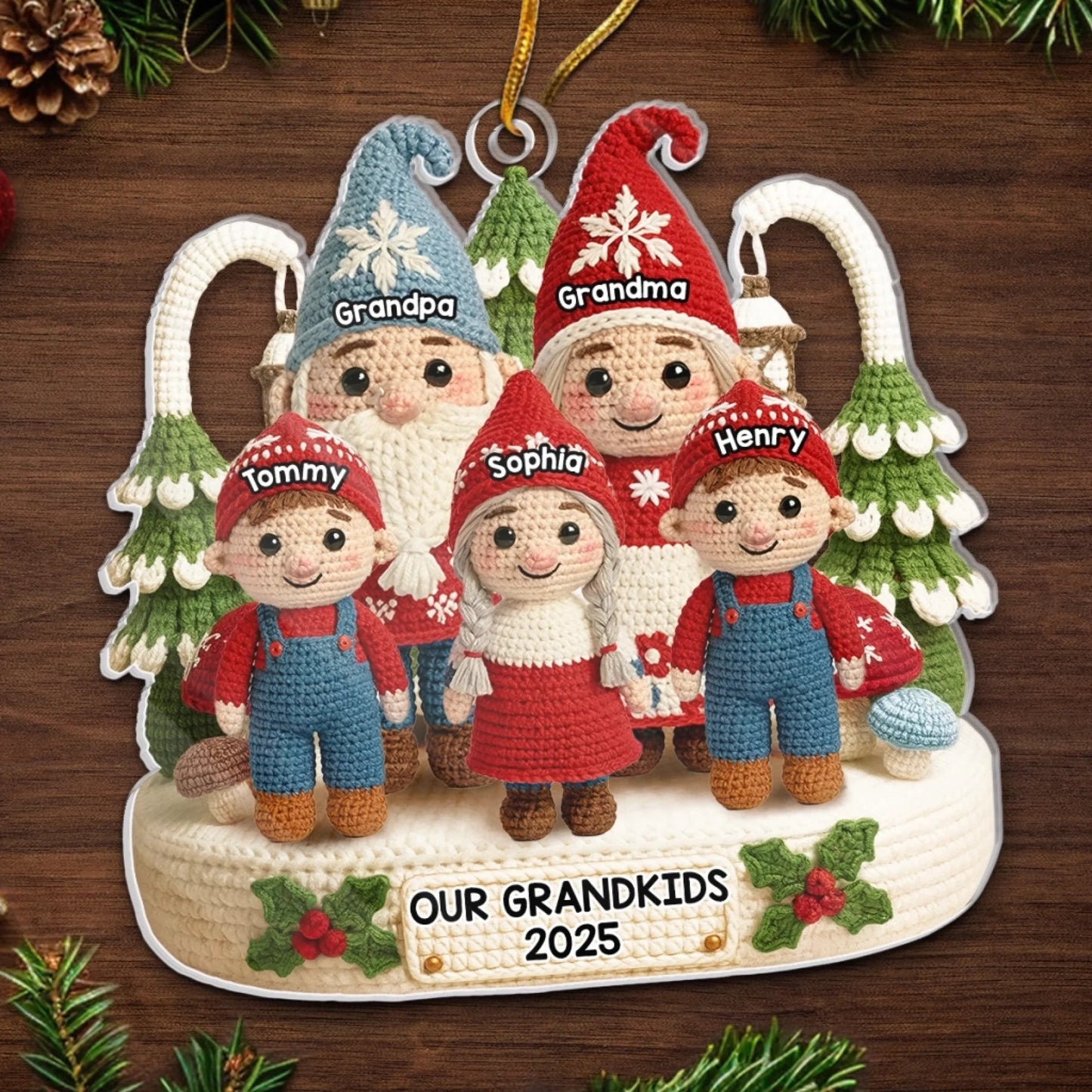Custom Crochet Gnome Acrylic Ornament - Personalized Christmas Birthday Gifts For Grandpa, Grandma - Together We Celebrate Christmas Joy