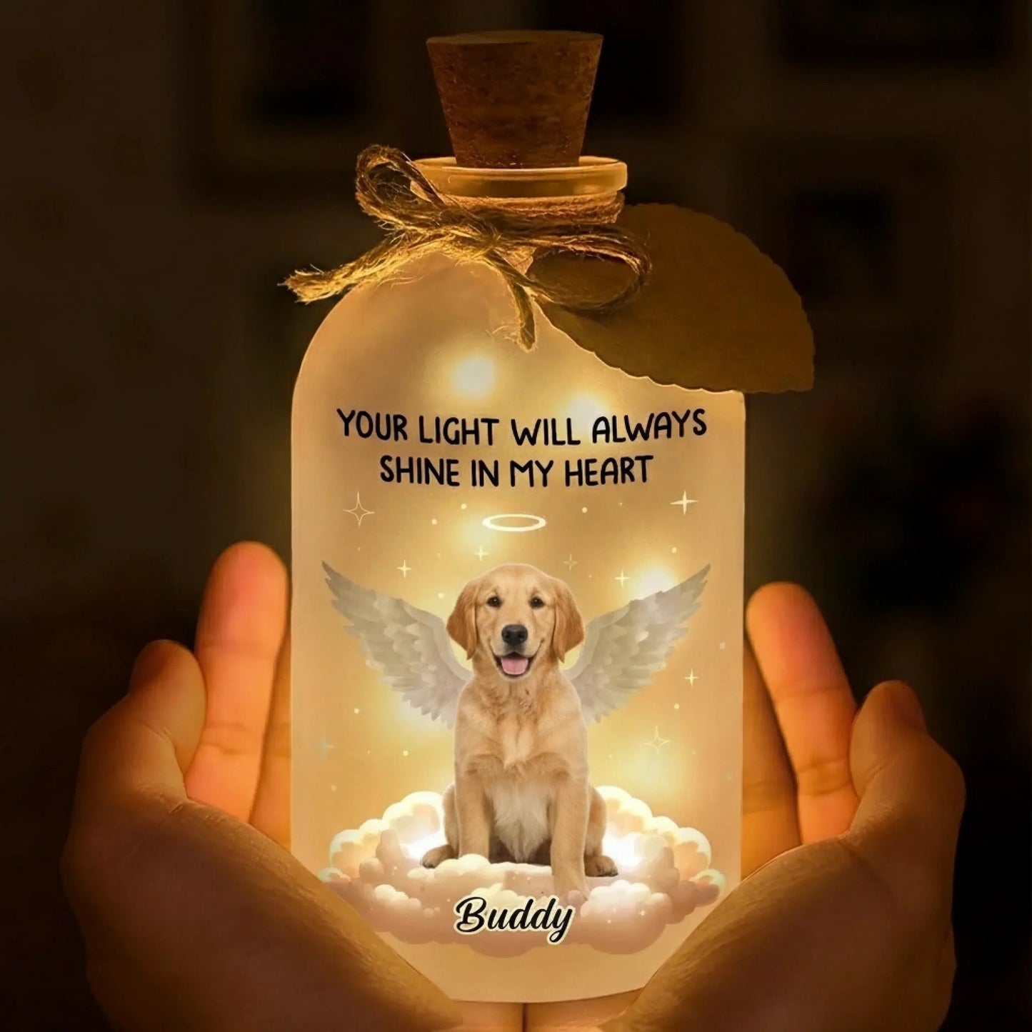 Custom Photo Glass Bottle LED Light - Personalized Pet Christmas Memorial Sympathy Gifts For Dogs, Cats - Warm Memories Of Paws And Love