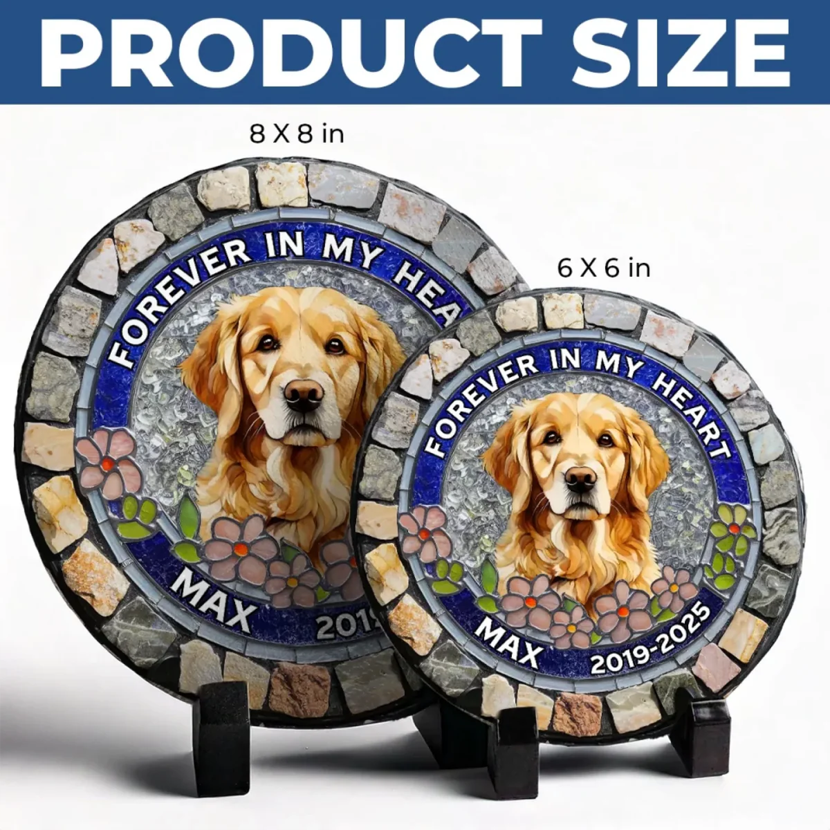 Custom Photo Forever Loved, Never Forgotten - Memorial Personalized Custom 3D Mosaic Faux Stained Glass Print Round Shaped Memorial Stone - Sympathy Gift For Pet Owners, Pet Lovers