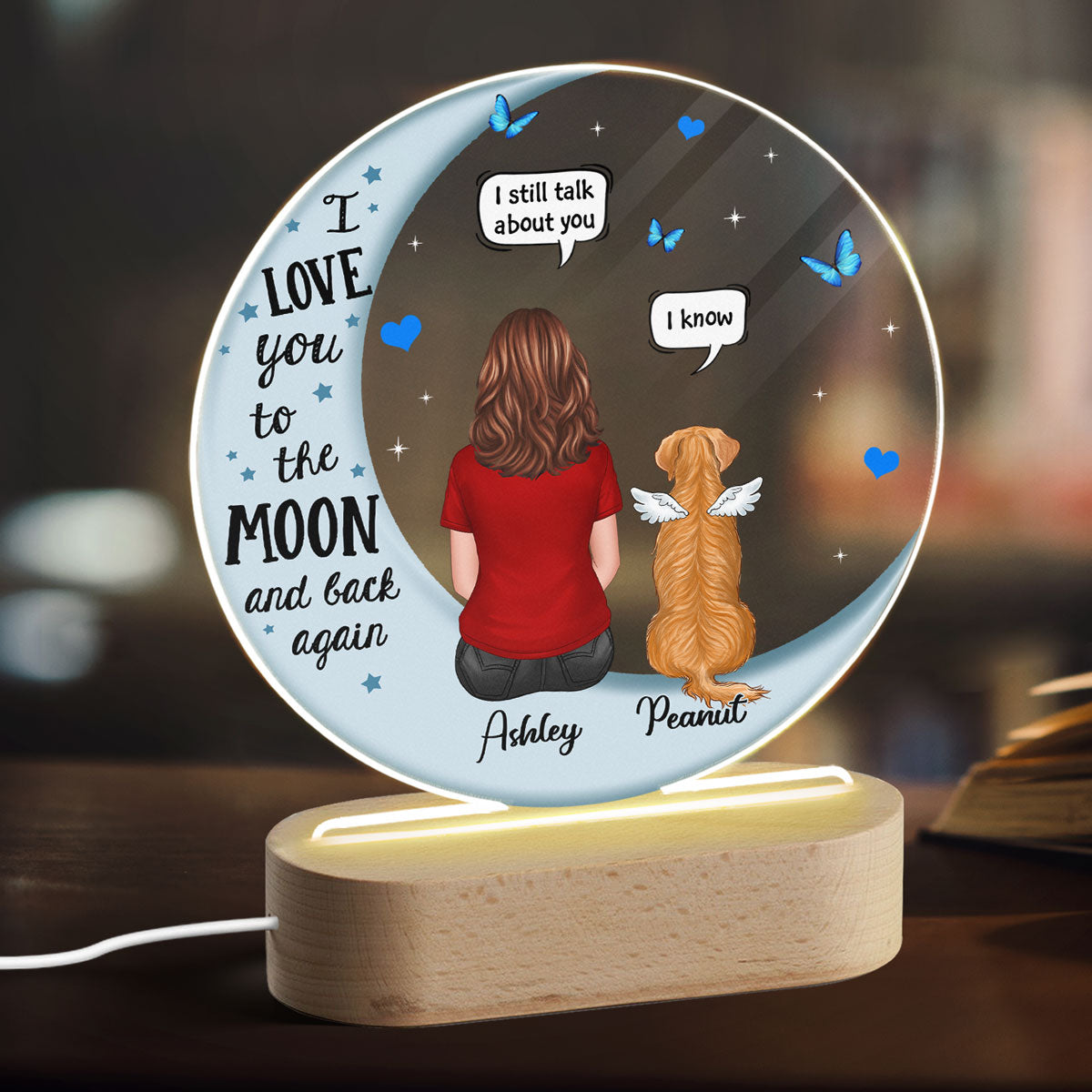 Memorial Dog On Moon Personalized Circle Acrylic LED Lamp Night Light
