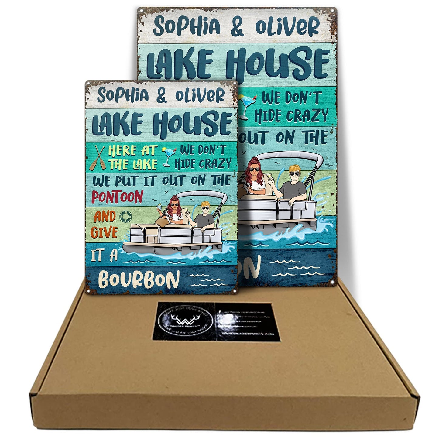 Here At The Lake We Don't Hide Crazy Pontoon - Home Decor, Backyard Decor, Lake House Sign, Gift For Her, Him, Family, Couples, Husband, Wife - Personalized Custom Classic Metal Signs