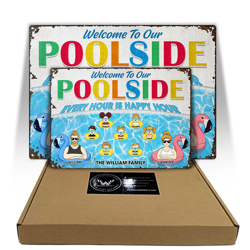 Family Pool Every Hour Is Happy Hour Husband Wife - Gift For Couples - Personalized Custom Classic Metal Signs