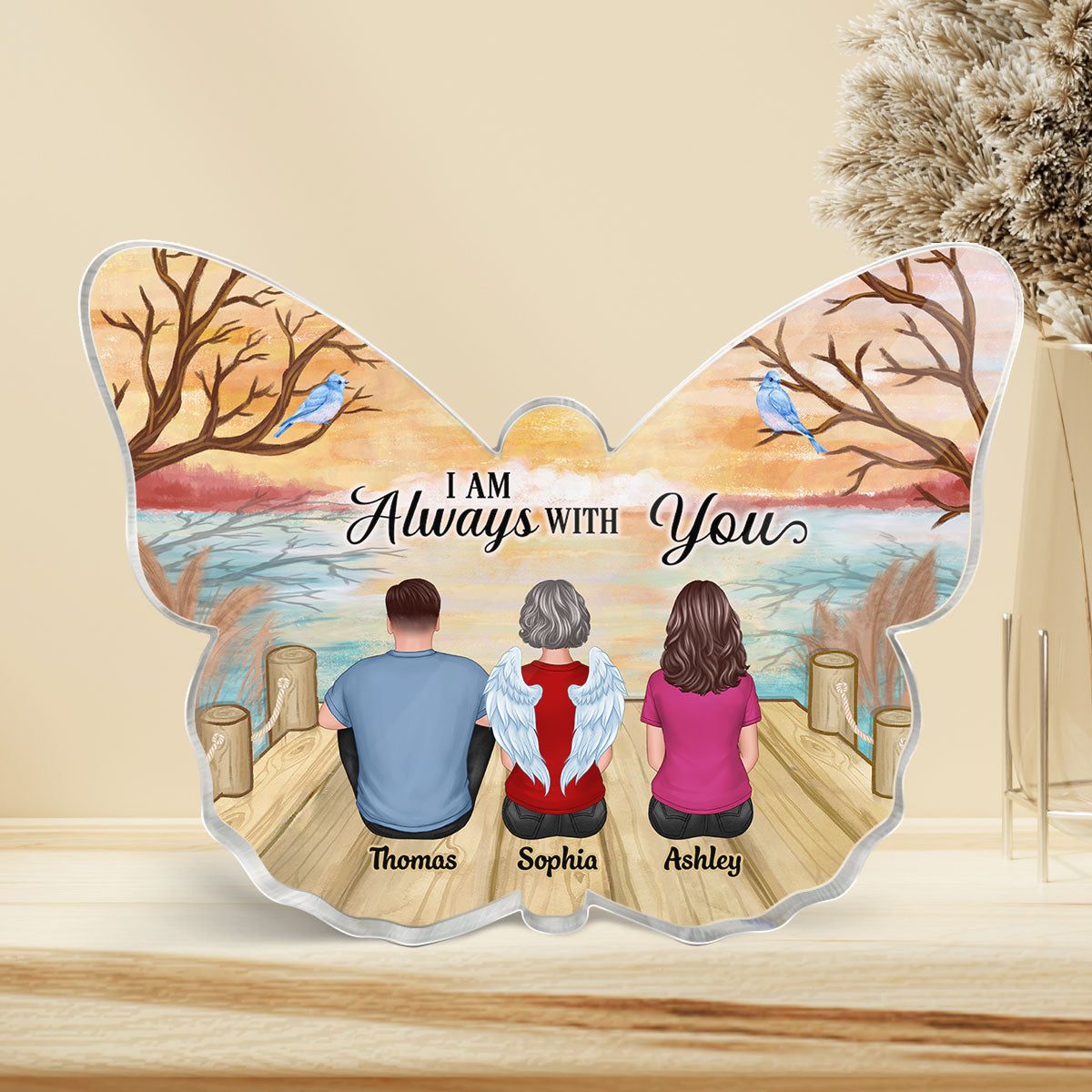 Always With You Memorial Keepsake Lake View Personalized Butterfly Shape Acrylic Plaque