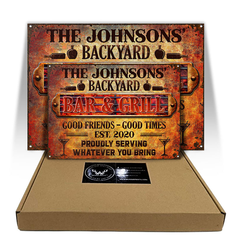 BBQ Backyard Bar & Grill Serving Whatever You Bring - Personalized Custom Classic Metal Signs
