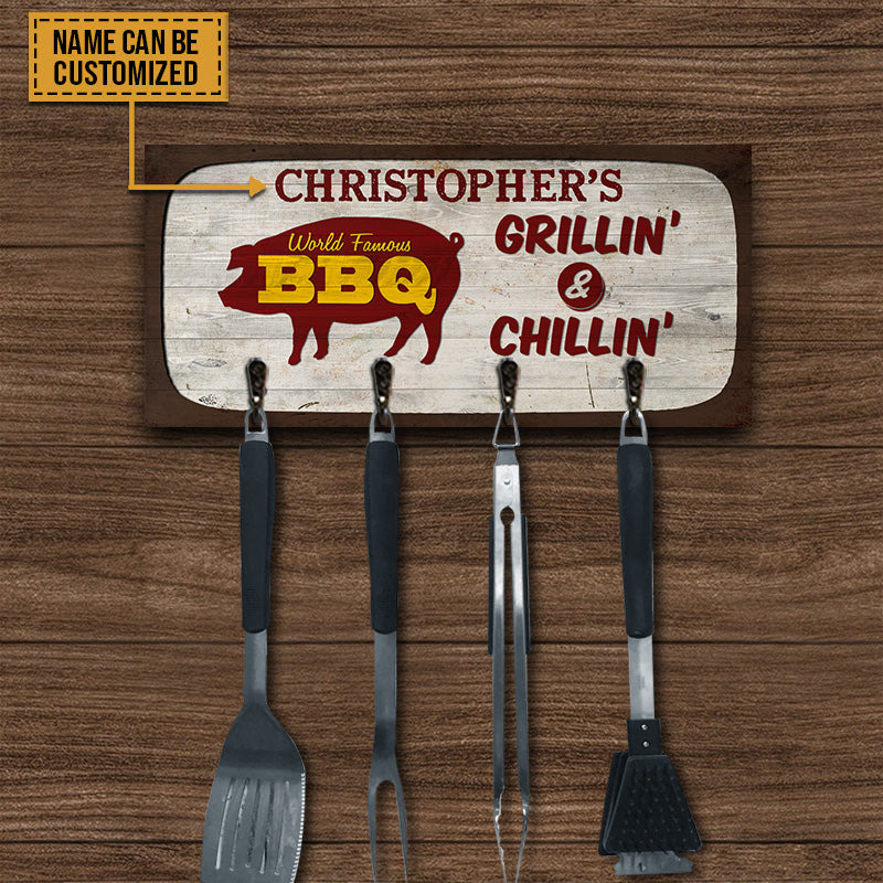 BBQ Utensils Grillin' & Chillin' Personalized Custom Wood Key Holder
