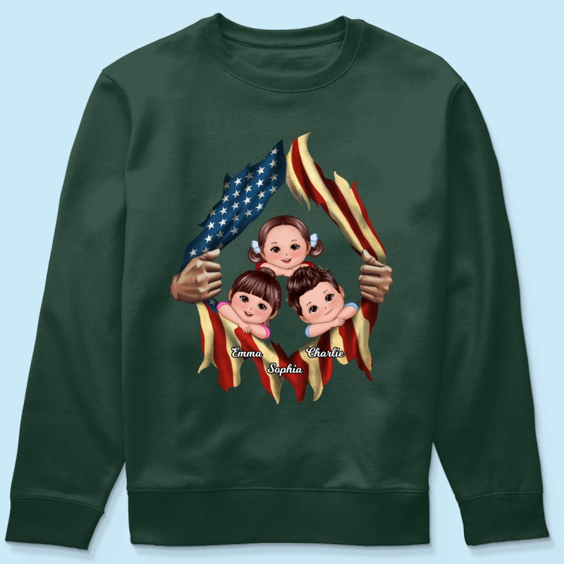 Dad Grandpa Cute Kids Hands Ripping Open Nation Flag Personalized Shirt