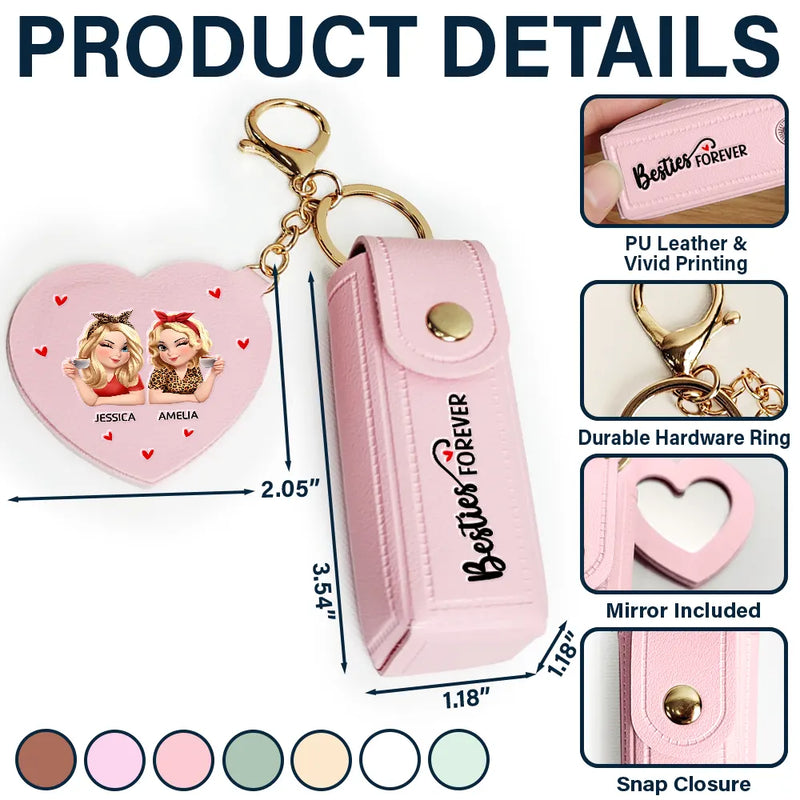 Besties Forever - Personalized Leather Lipstick Case Keychain With Mirror