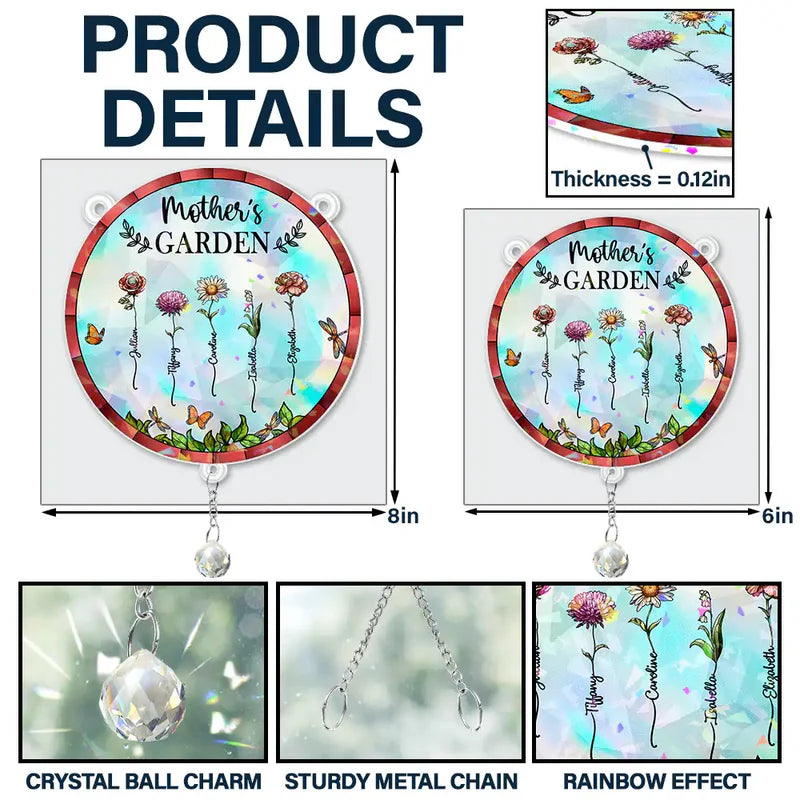 Birth Flower Grandma's Garden - Personalized Rainbow Suncatcher With Crystal Ball Prism