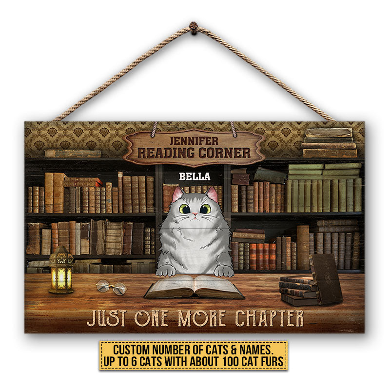 Cat Reading Corner Just One More Chapter Custom Wood Rectangle Sign, Personalized Funny Cat Wood Sign, Gift For Cat Lovers, Reading Lovers